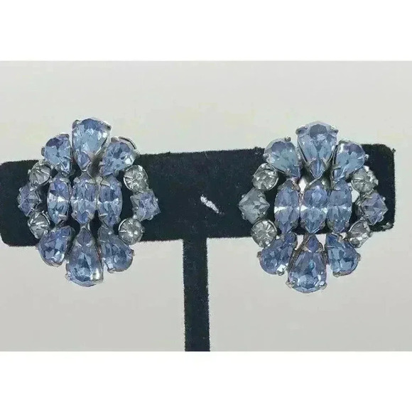 Vintage Earrings Rhinestone Baby Blue Rhodium Plated Clip Big Statement 50s - Picture 4 of 12
